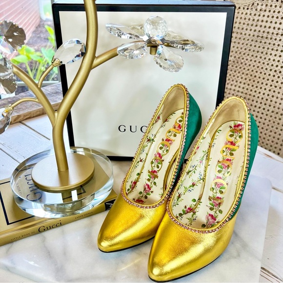 Gucci Metallic Nappa Kid Scamosciato Elaphe Snakeskin Pumps in Emerald Roccia - Picture 2 of 10